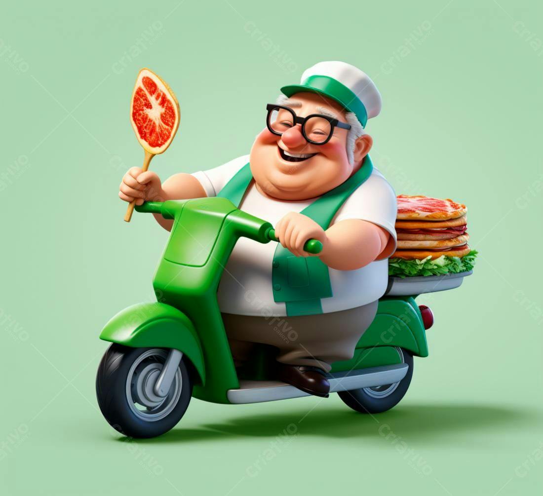 Entregador alegre em scooter verde com pizza e suco