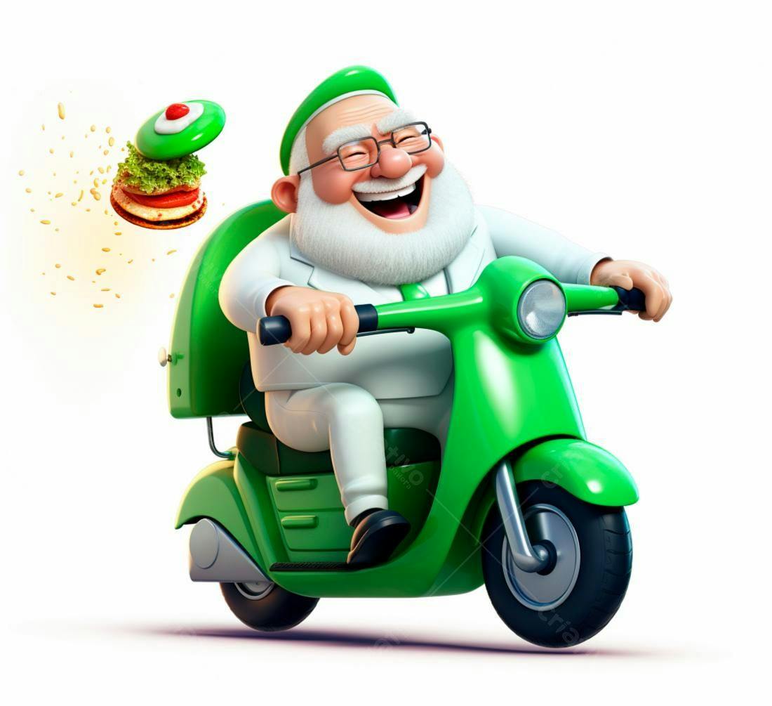 Entregador feliz em scooter verde entregando hambúrguer