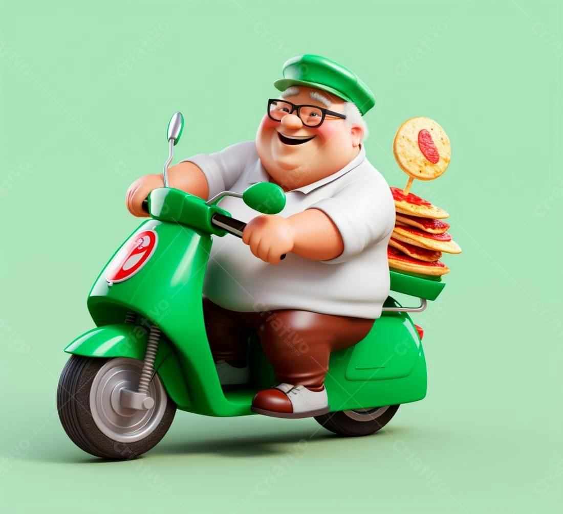 Entregador alegre em scooter verde entregando pizzas