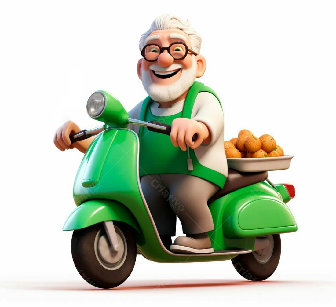 Vovô alegre em scooter verde entregando bolinhos