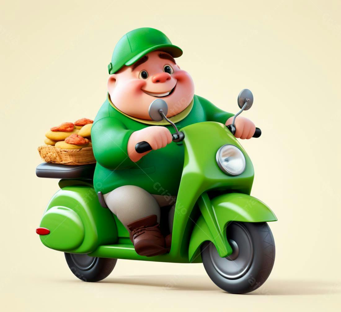 Entregador alegre em scooter verde com pães