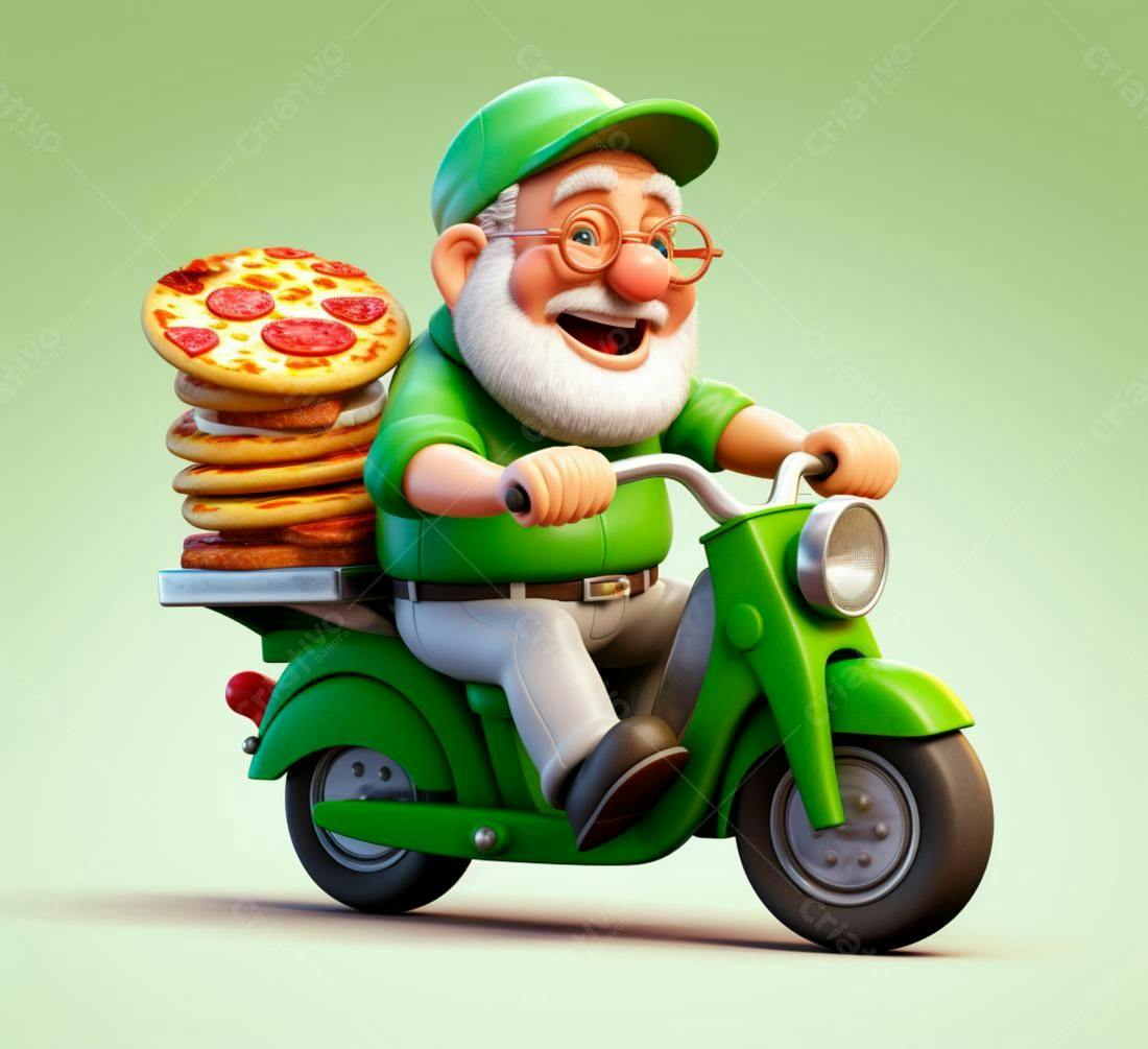 Entregador de pizza alegre em scooter verde