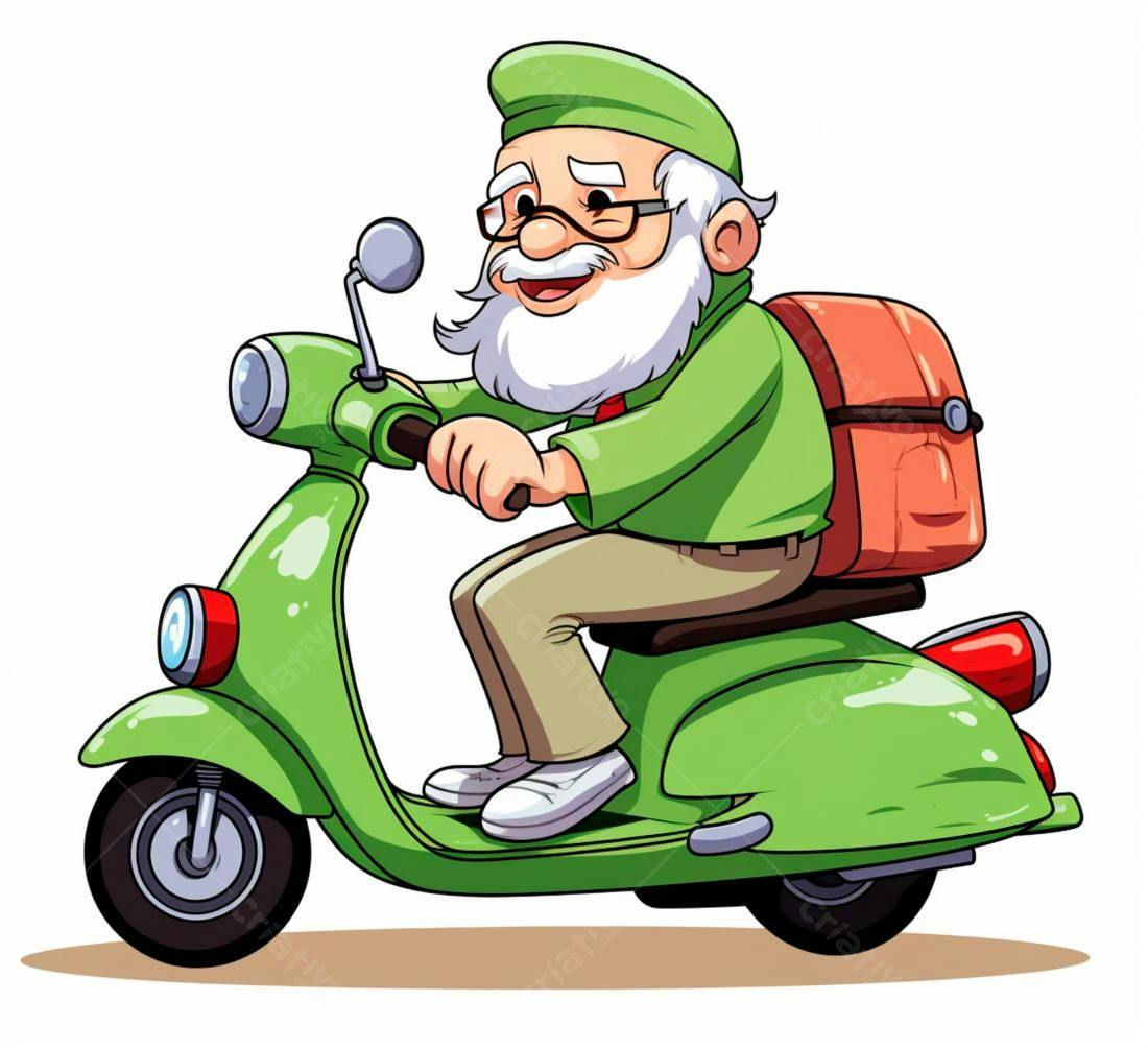 Ilustração Avô de Bigode Branco em Vespa Verde