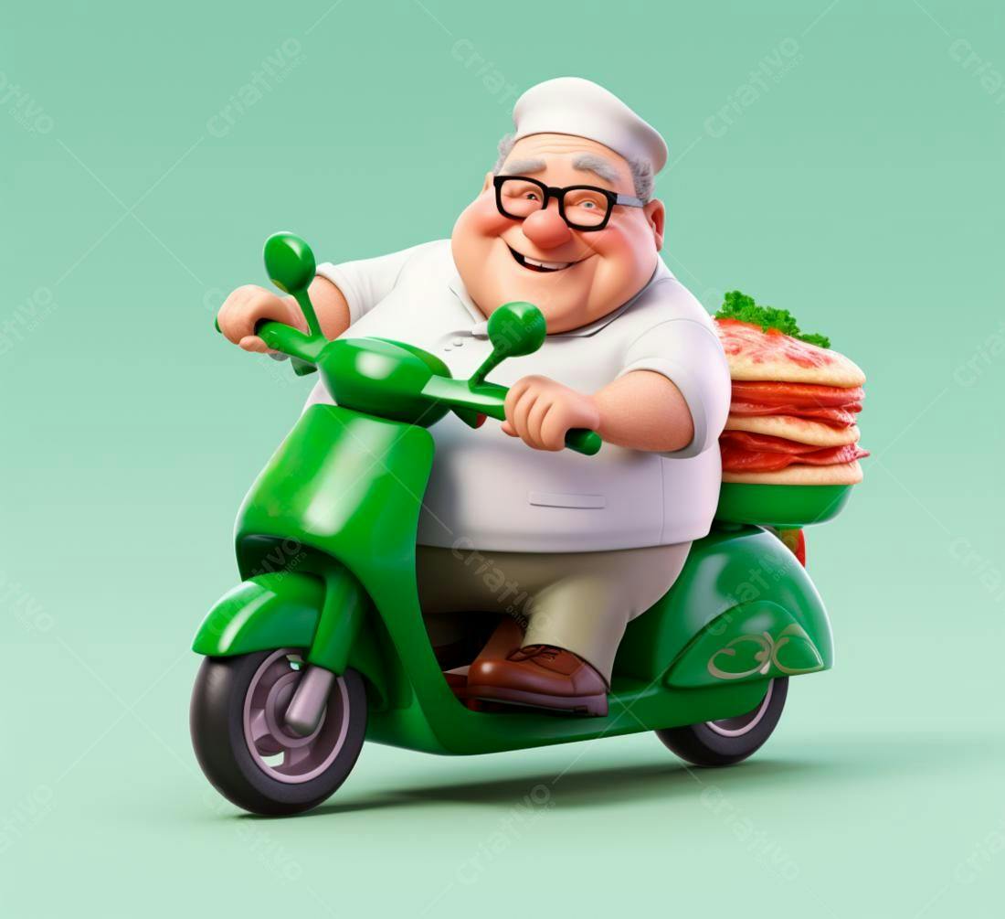 Pizzaiolo feliz em scooter verde entregando pizzas