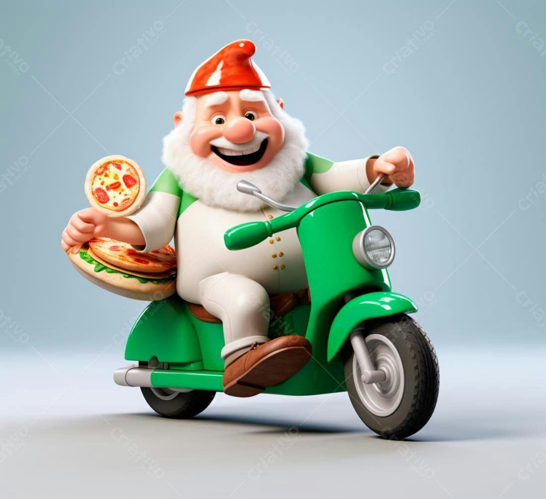 Gnomos entregador de pizza em scooter verde