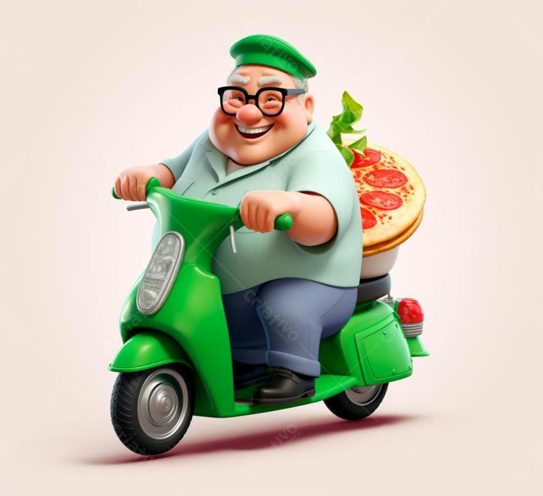 Entregador de pizza alegre em scooter verde