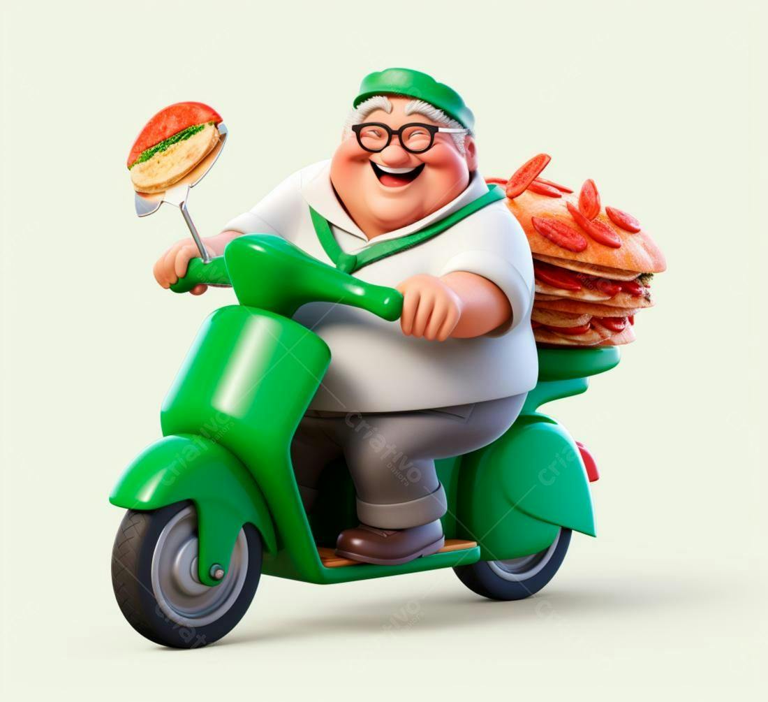 Entregador de pizza feliz em scooter verde