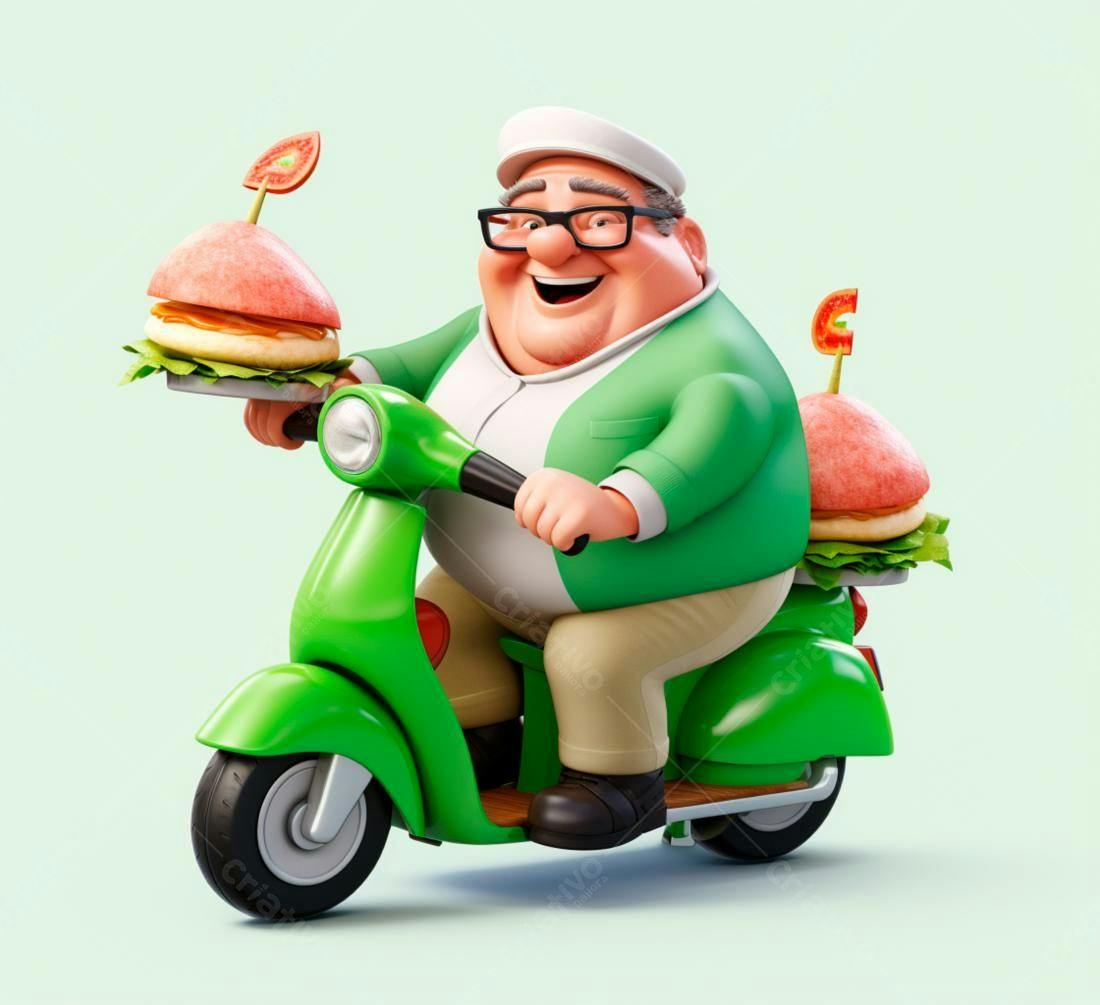 Homem feliz entregando hambúrgueres em scooter verde