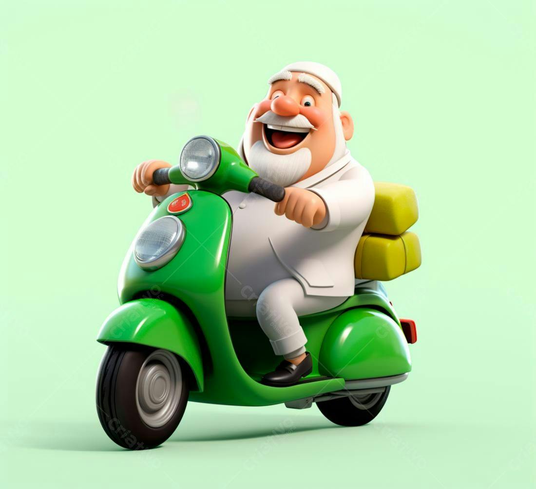 Homem feliz em scooter verde entregando encomendas