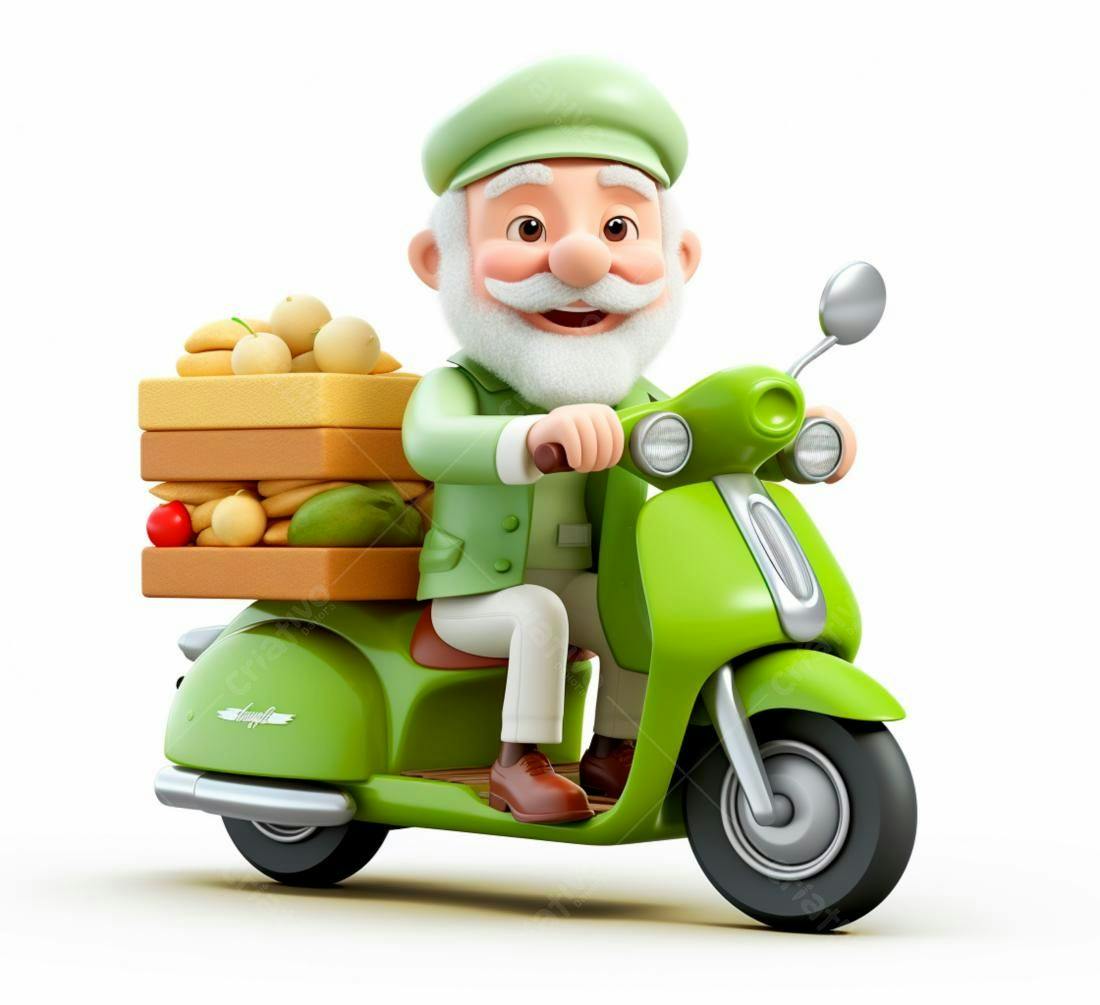 Avozinho entregador em scooter verde com frutas