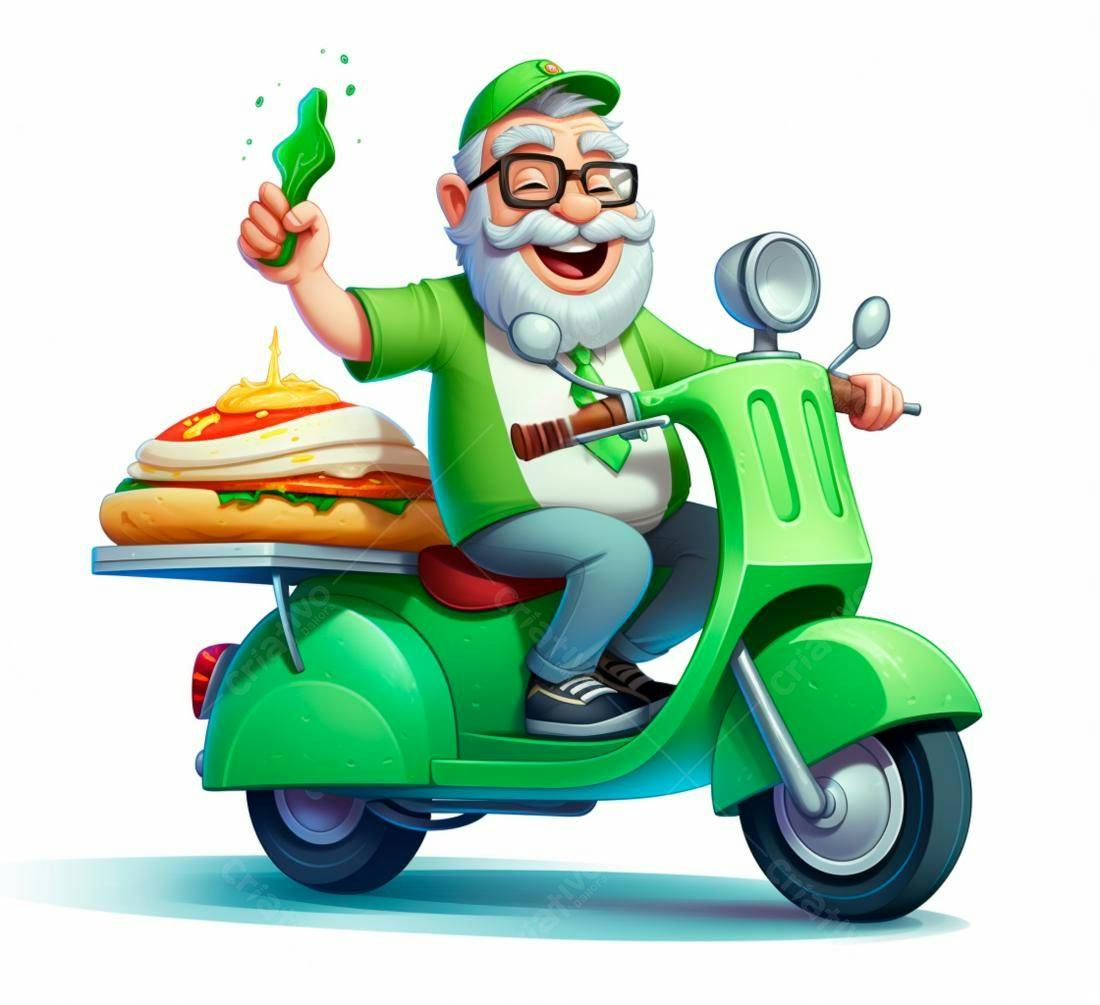 Entregador feliz em scooter verde com pizza