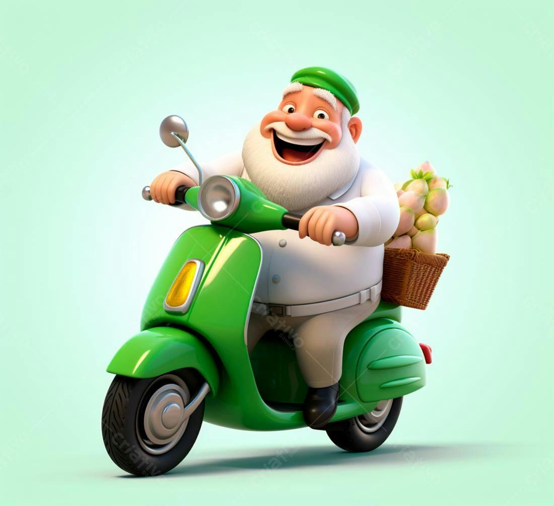 Entregador alegre em scooter verde com legumes