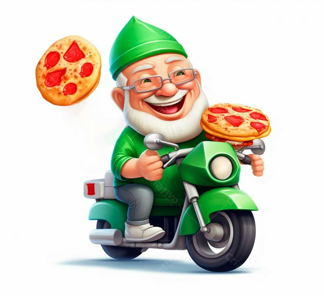 Duende entregador de pizza em moto verde