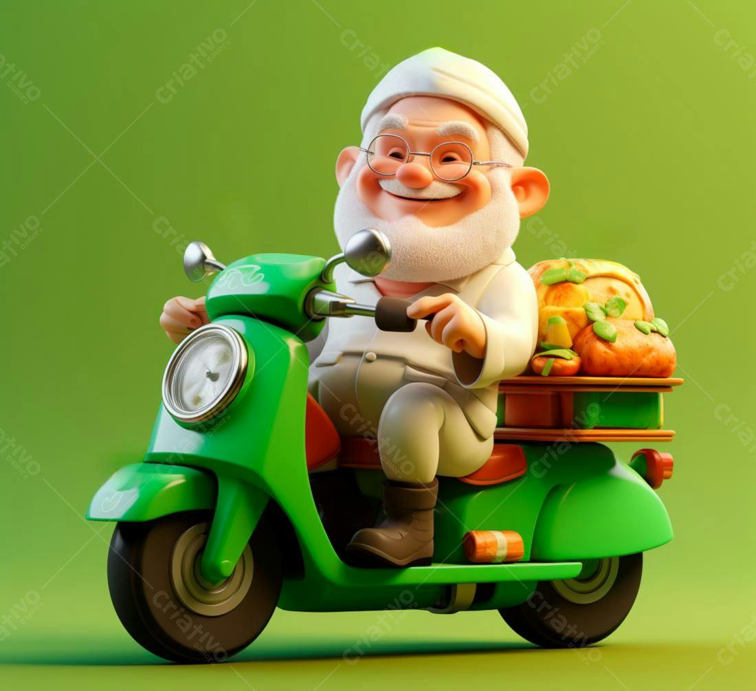 Padeiro feliz em scooter verde entregando pães