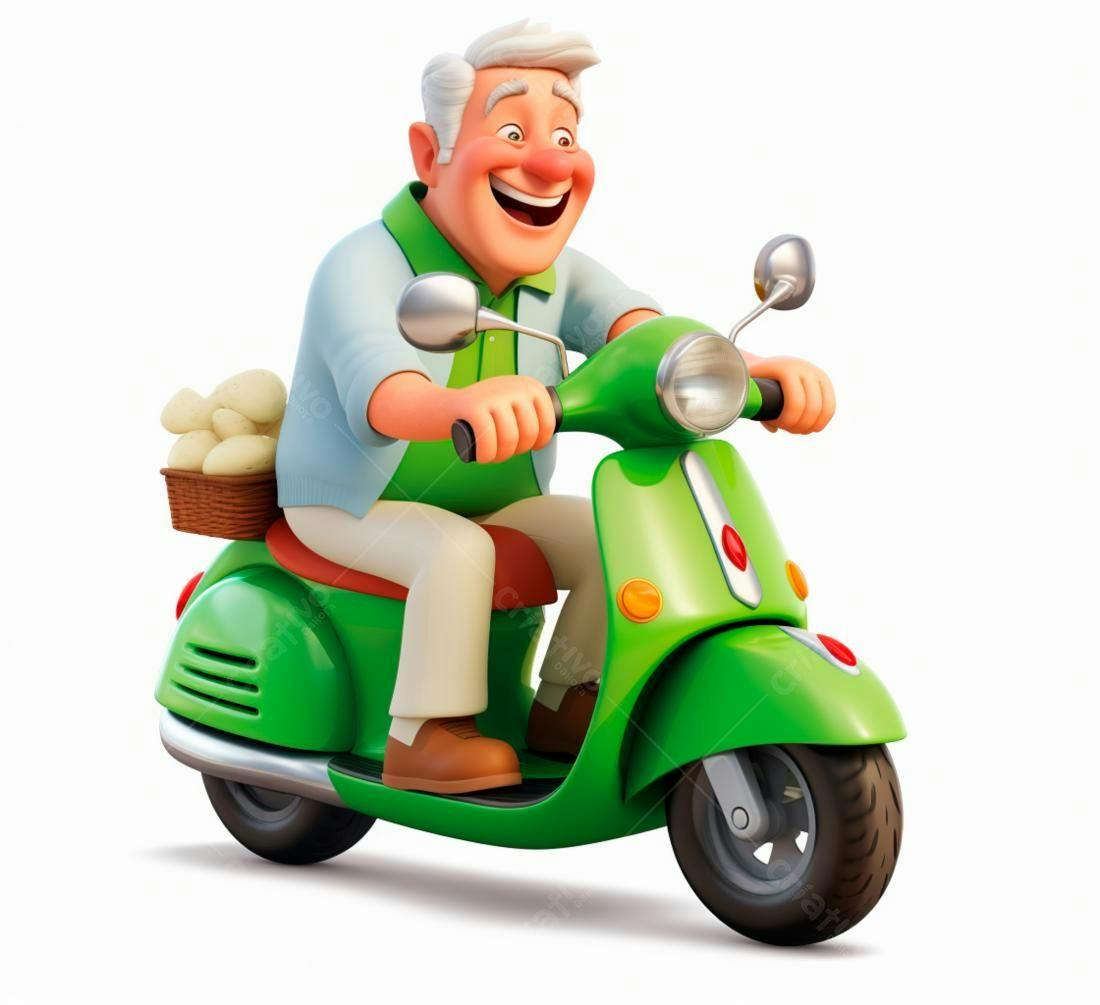 Senhor feliz em scooter verde com cesta de ovos