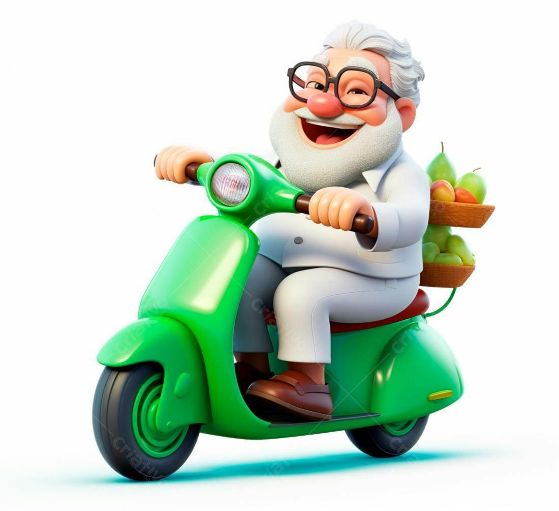 Avô alegre em scooter verde com frutas