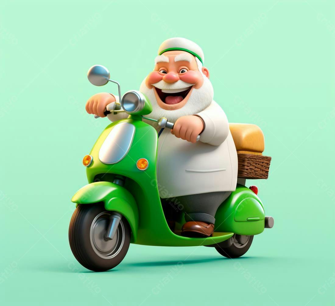 Padeiro feliz em scooter verde entregando pão