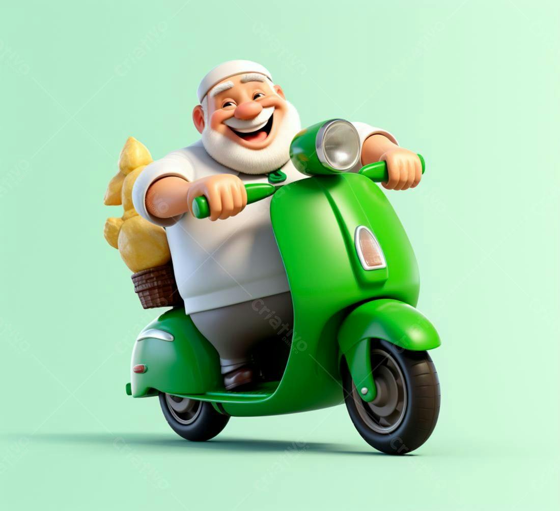 Padeiro feliz em scooter verde entregando pães
