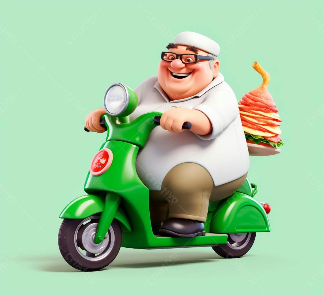 Entregador alegre em scooter verde com lanche