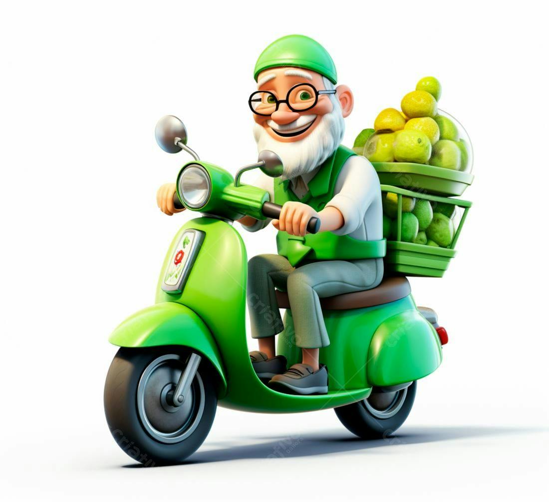 Entregador alegre em scooter verde com limas