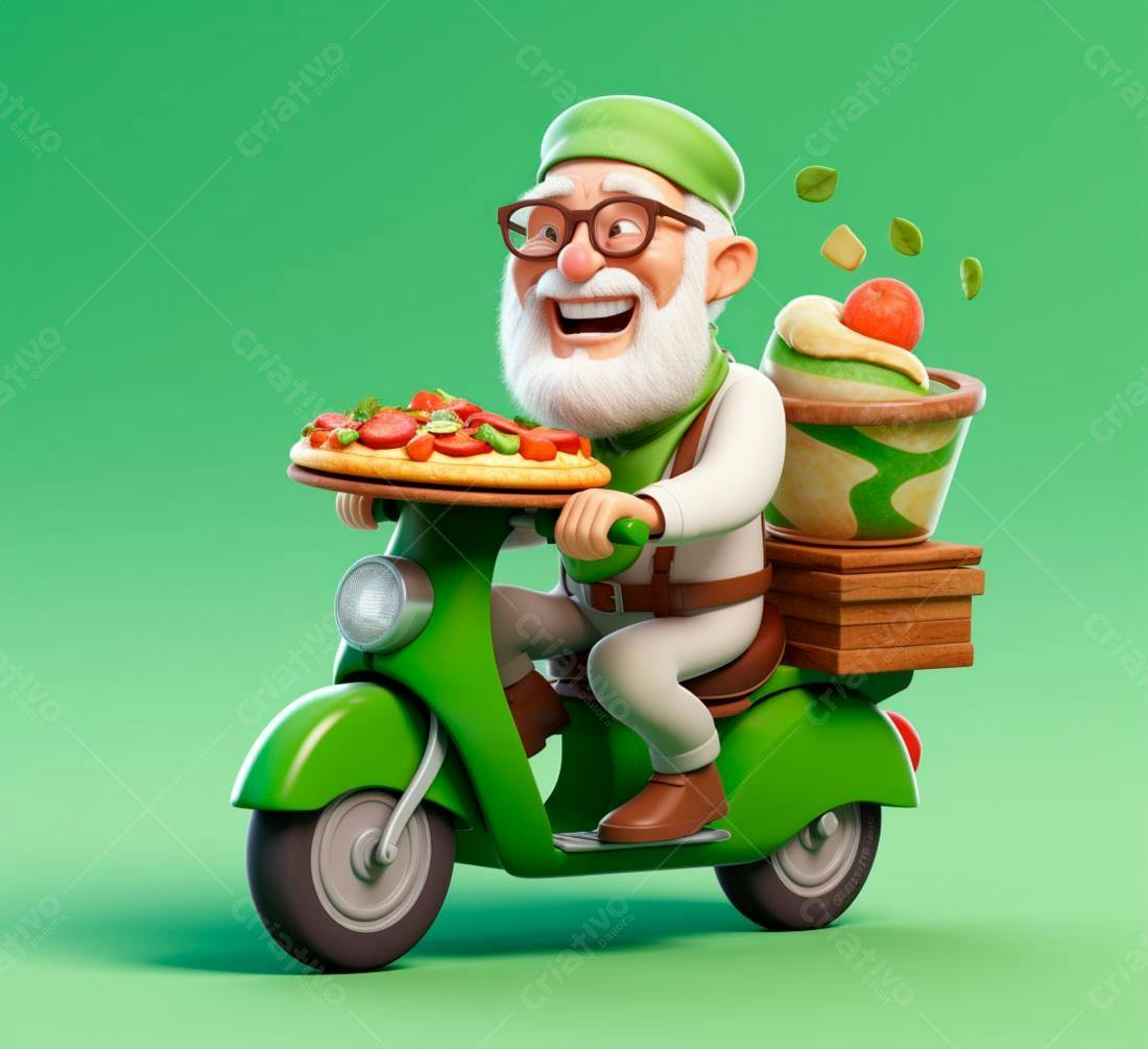 Entregador de pizza alegre em scooter verde