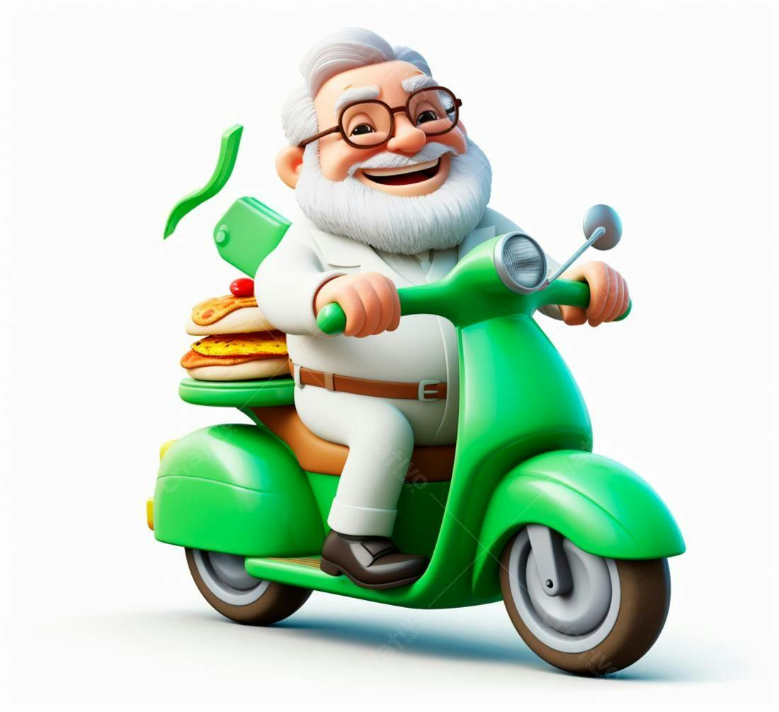 Avozinho feliz entregando pizza em scooter verde