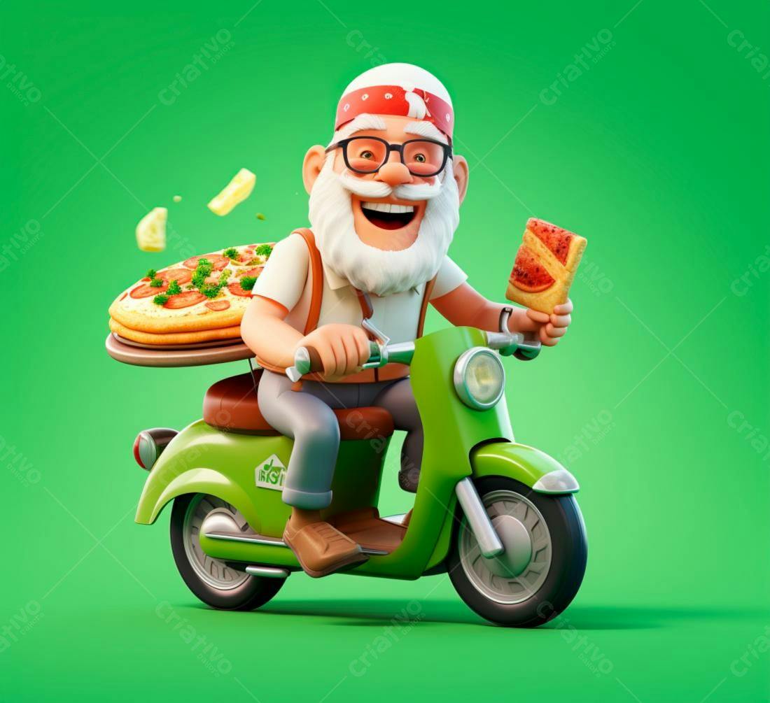 Entregador de pizza alegre em scooter