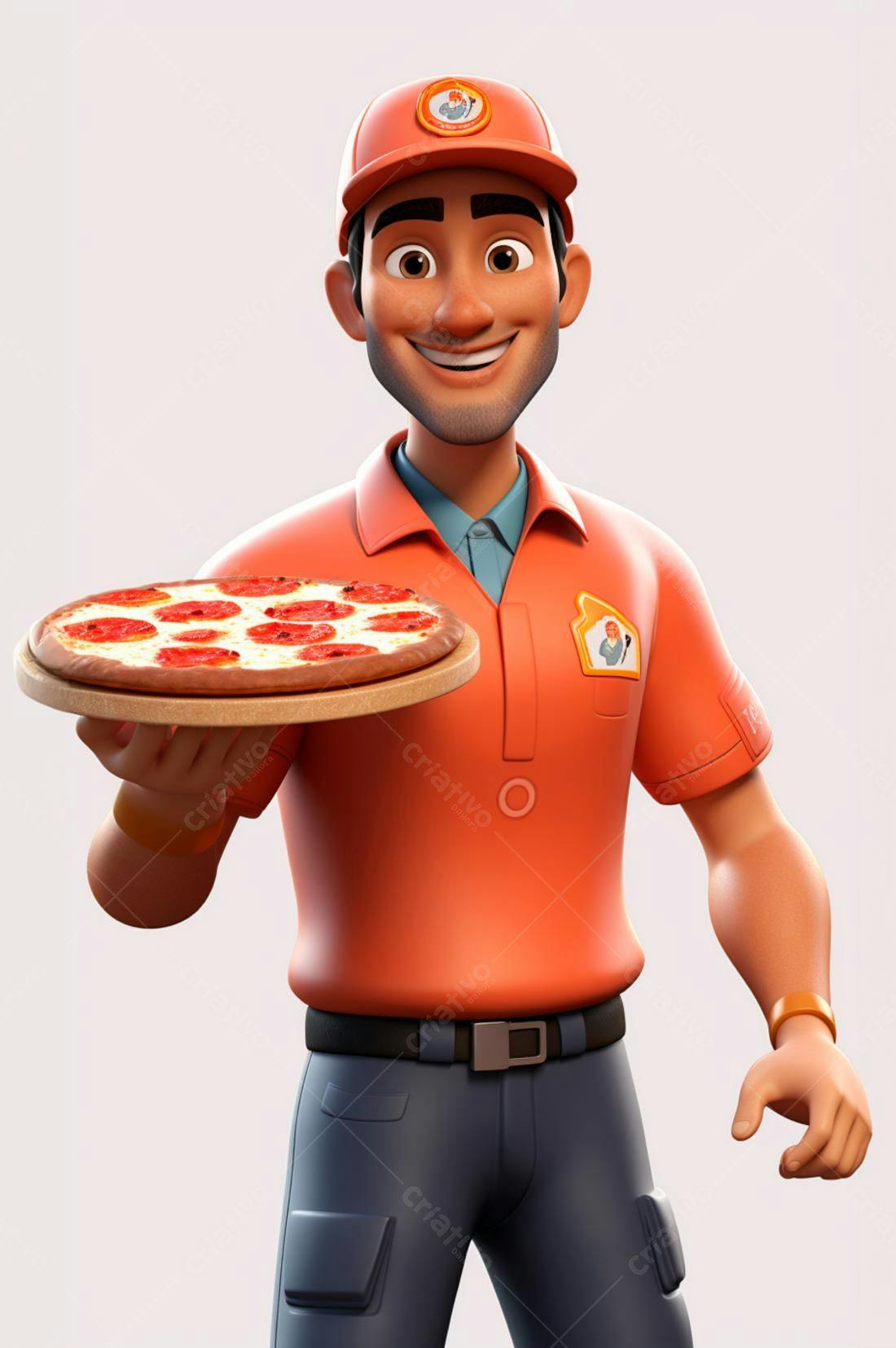 Entregador sorridente com pizza pepperoni