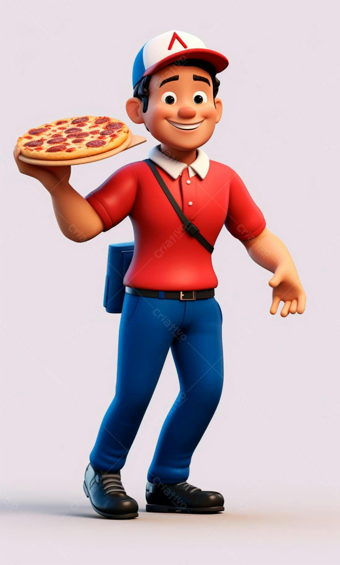 Entregador sorridente com pizza de pepperoni