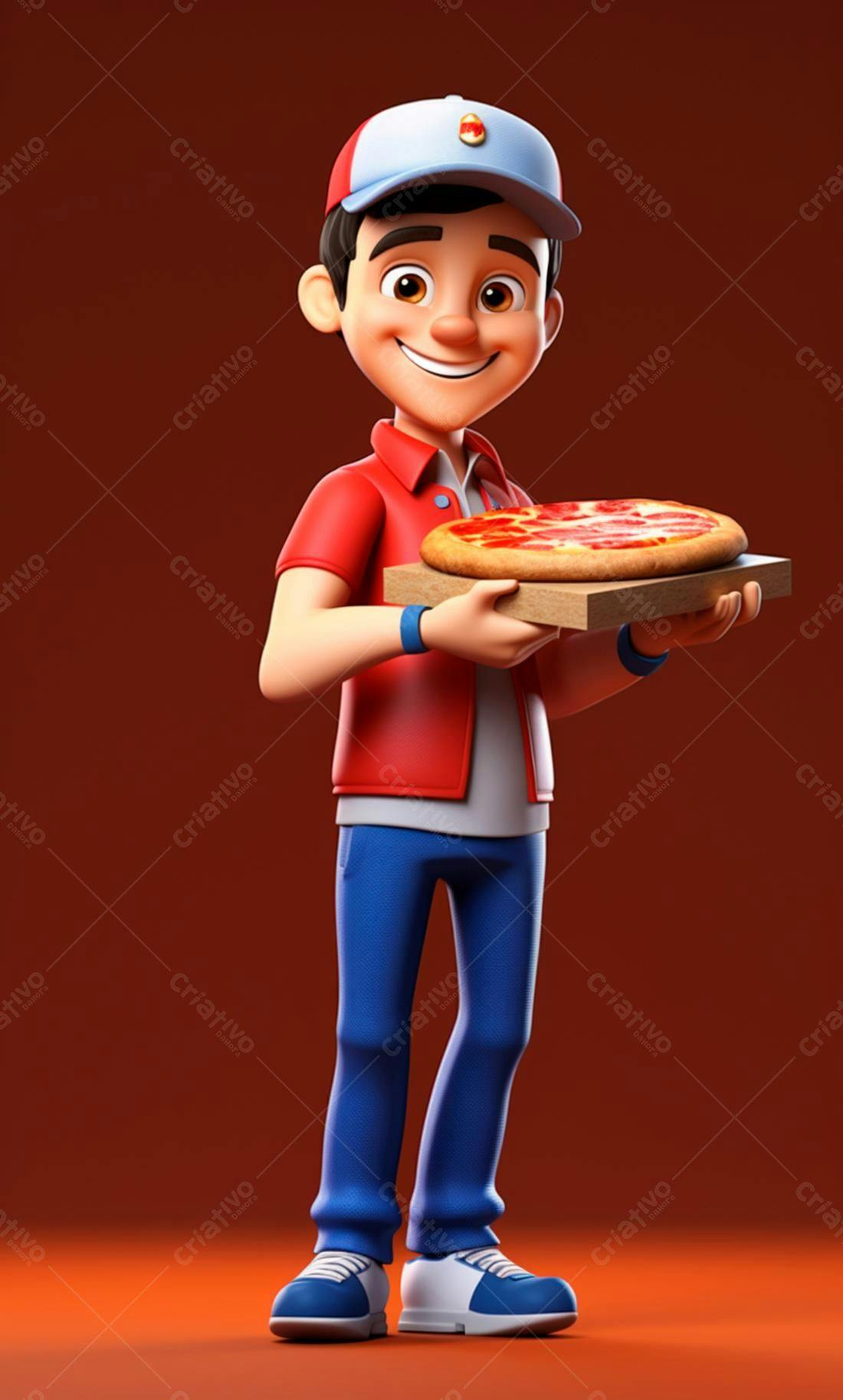 Entregador sorrindo com pizza