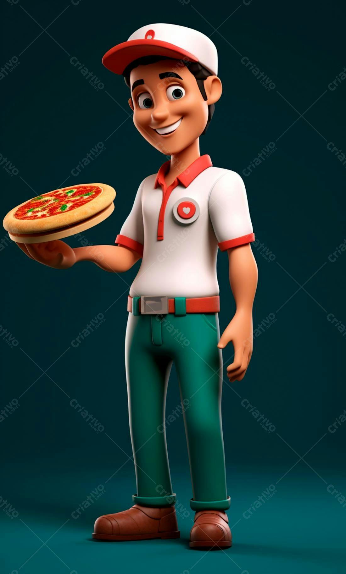 Entregador sorridente com pizza saborosa