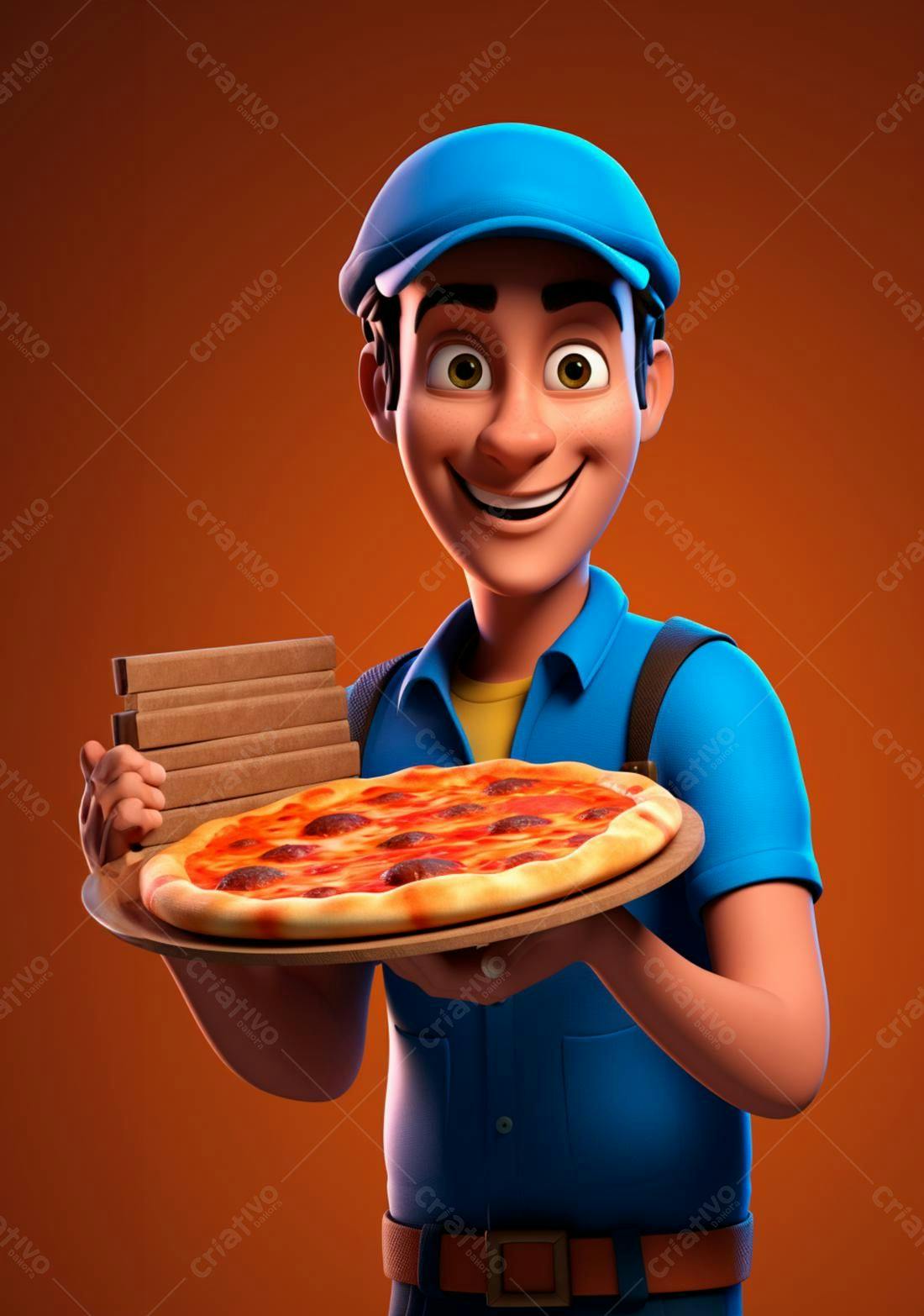 Entregador sorridente com pizza e refrigerantes