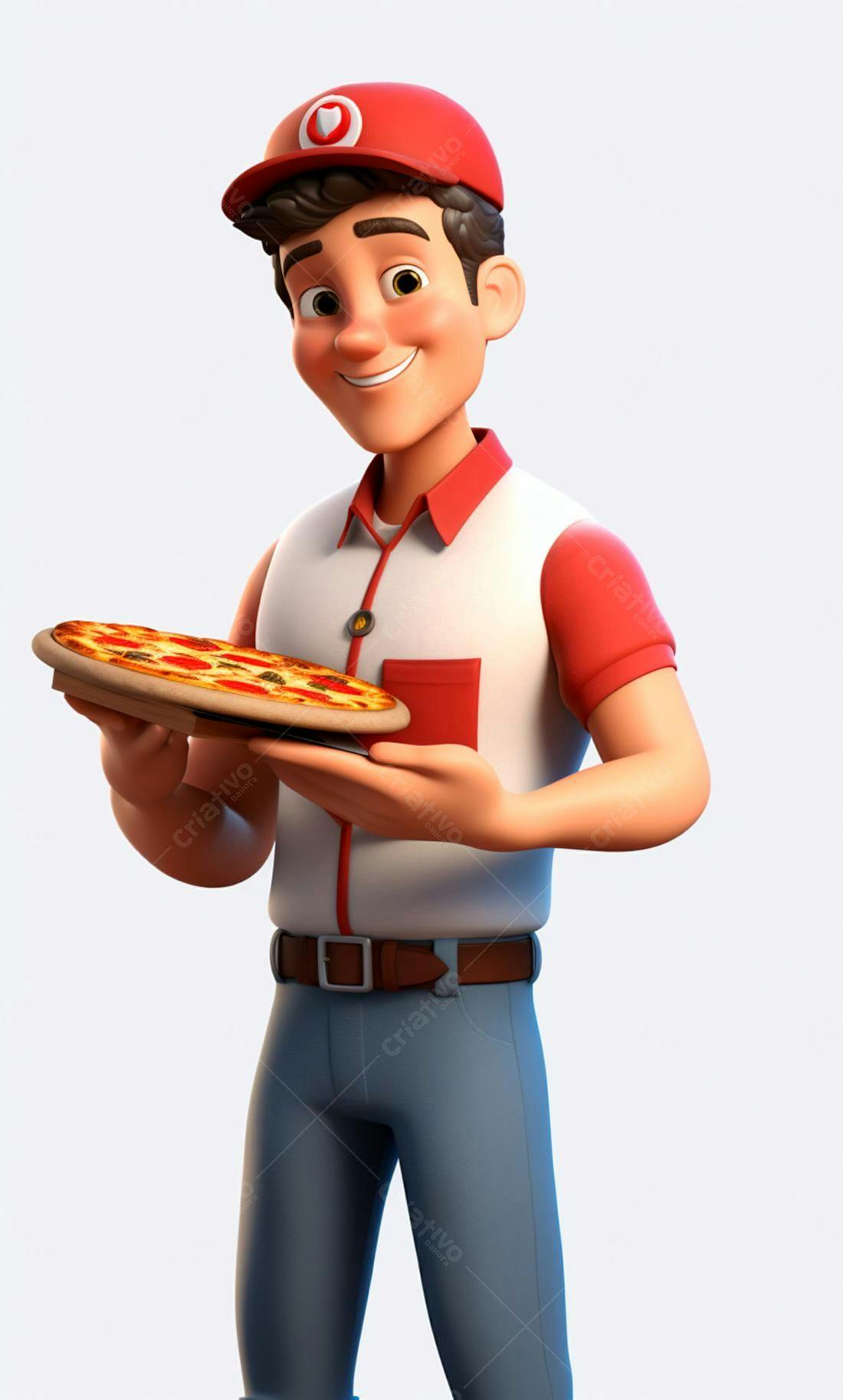 Entregador sorrindo com pizza saborosa
