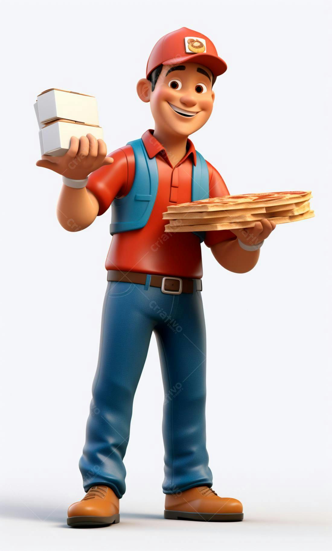 Entregador sorridente com pizza e caixas