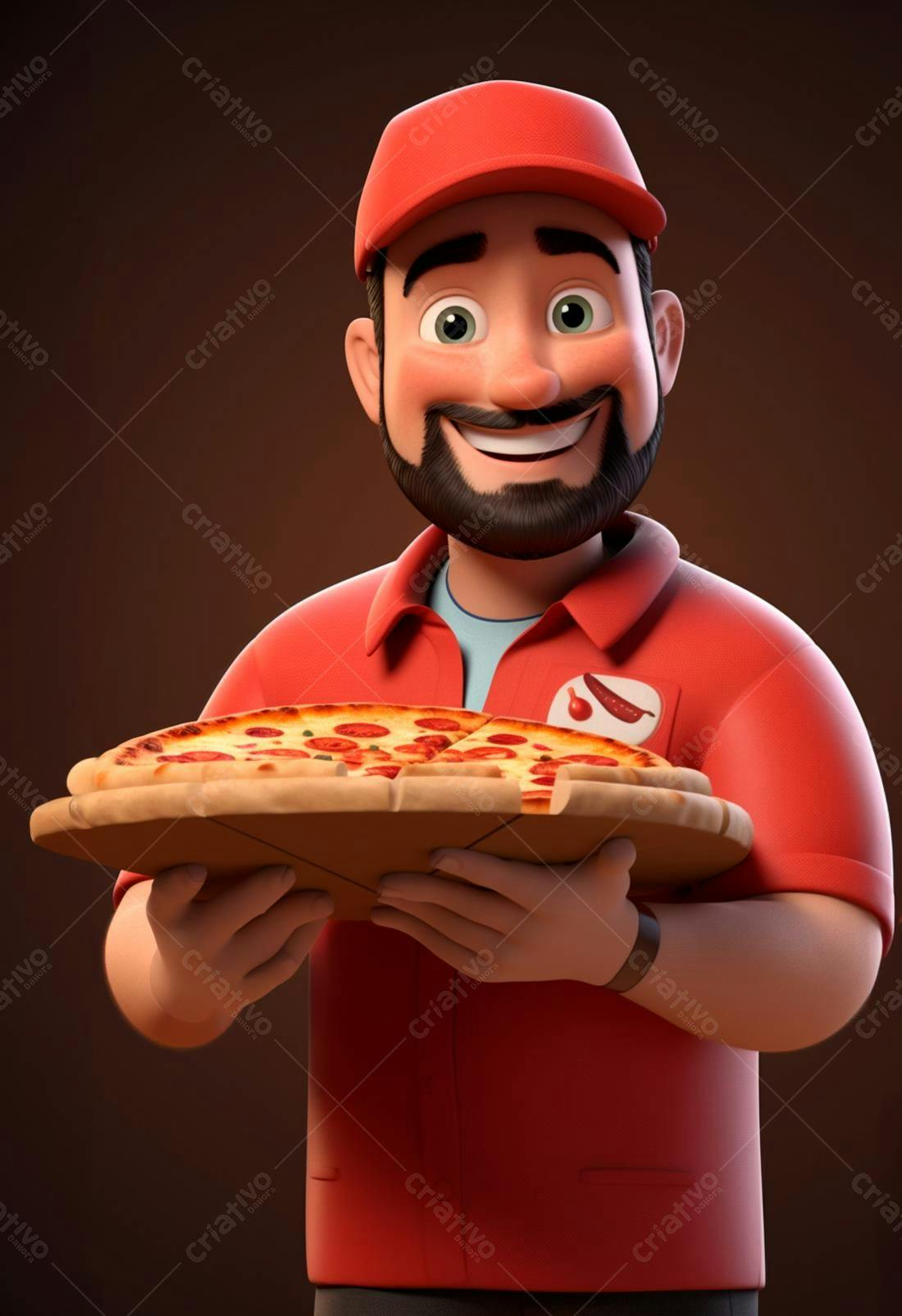 Entregador sorridente com pizza deliciosa