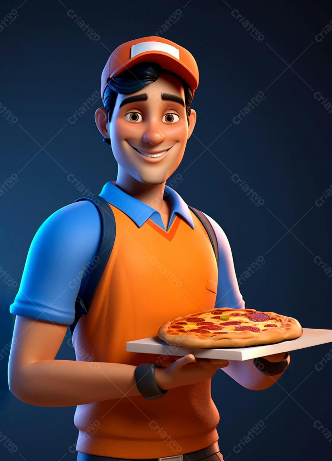 Entregador sorridente com pizza pepperoni