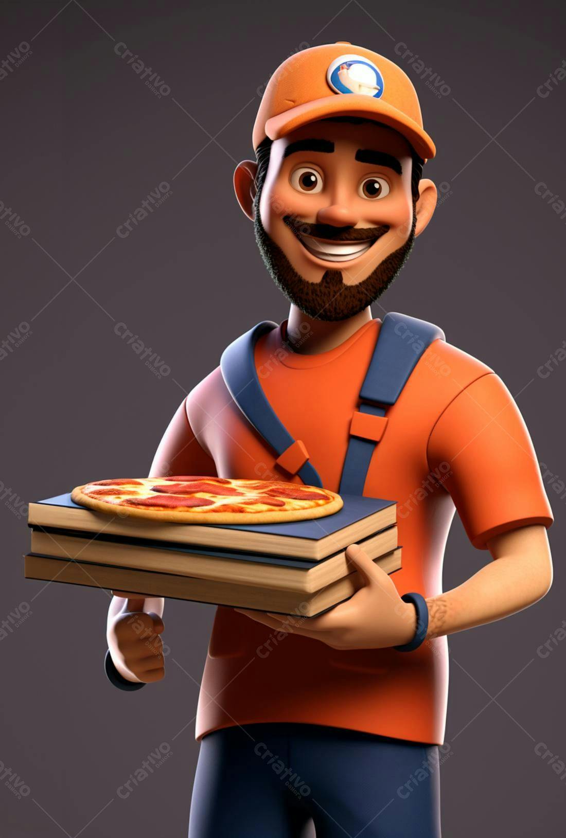 Entregador sorridente com pizza e livros