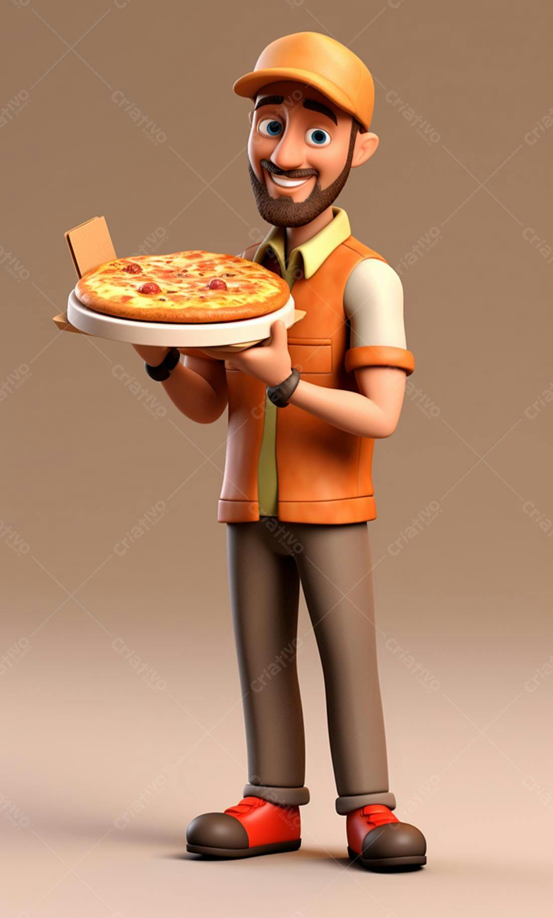 Entregador sorridente com pizza saborosa