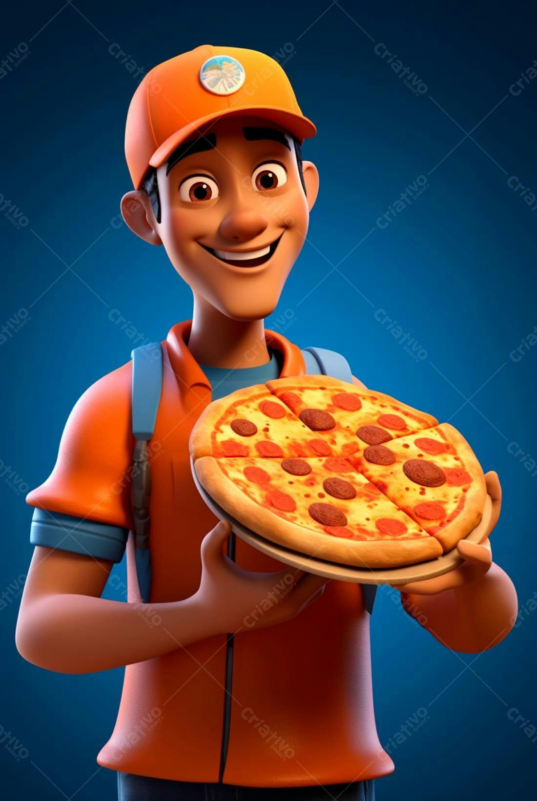 Entregador sorridente com pizza de pepperoni
