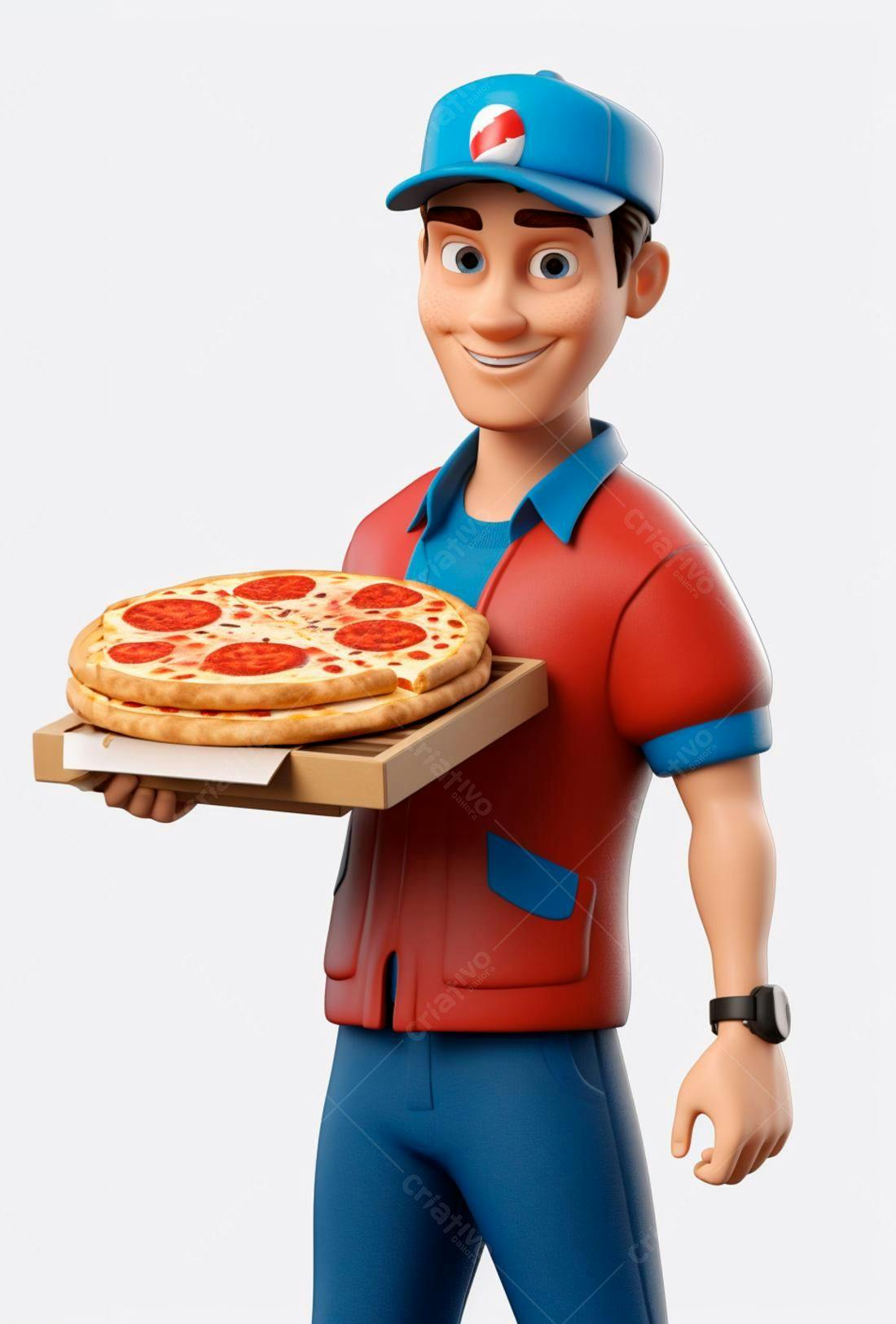 Entregador sorridente com pizza de pepperoni