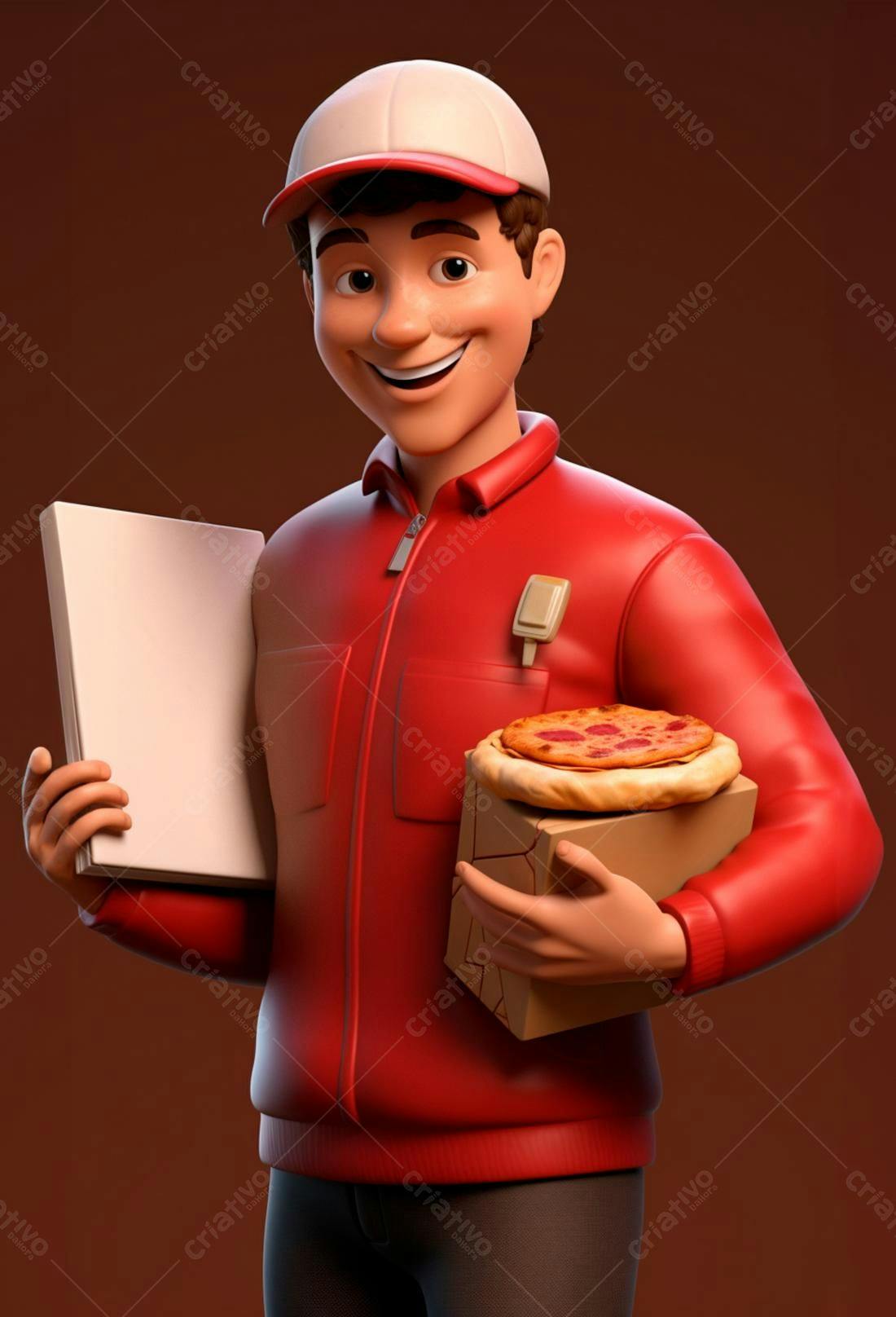 Entregador sorridente com pizza e pedido