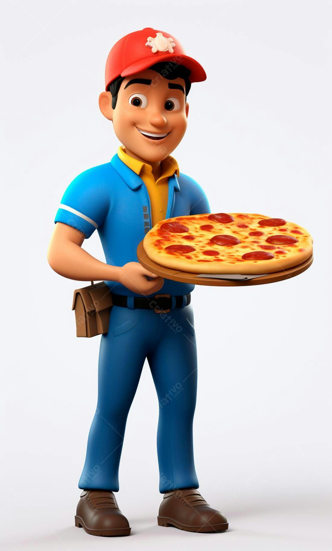 Entregador sorrindo com pizza de pepperoni