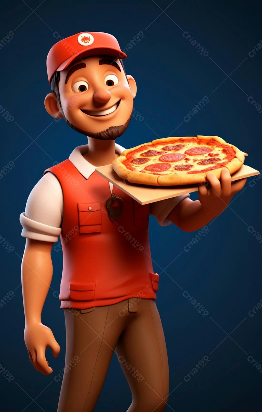 Entregador feliz com pizza de pepperoni