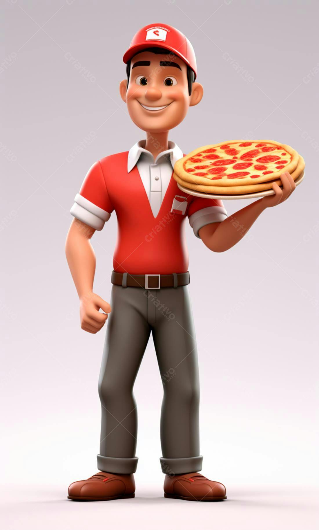 Entregador sorridente com pizza pepperoni
