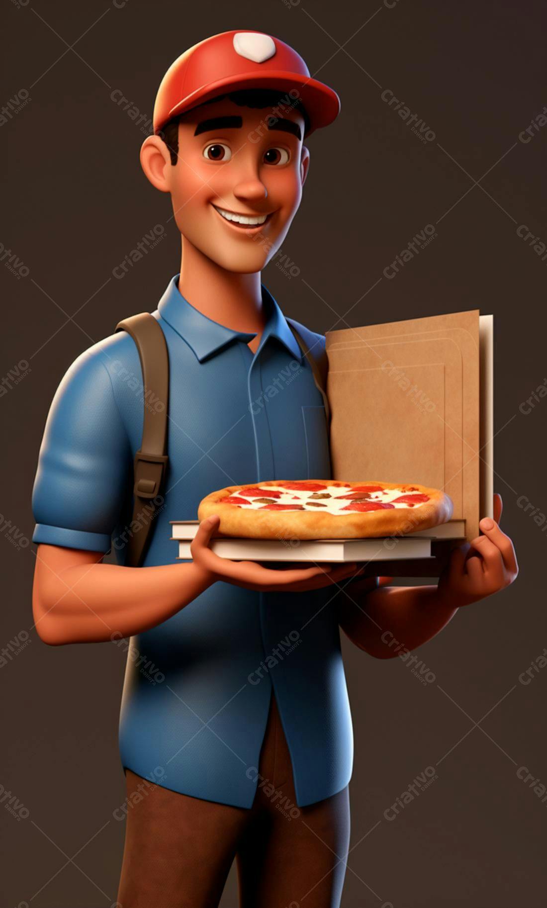 Entregador sorridente com pizza