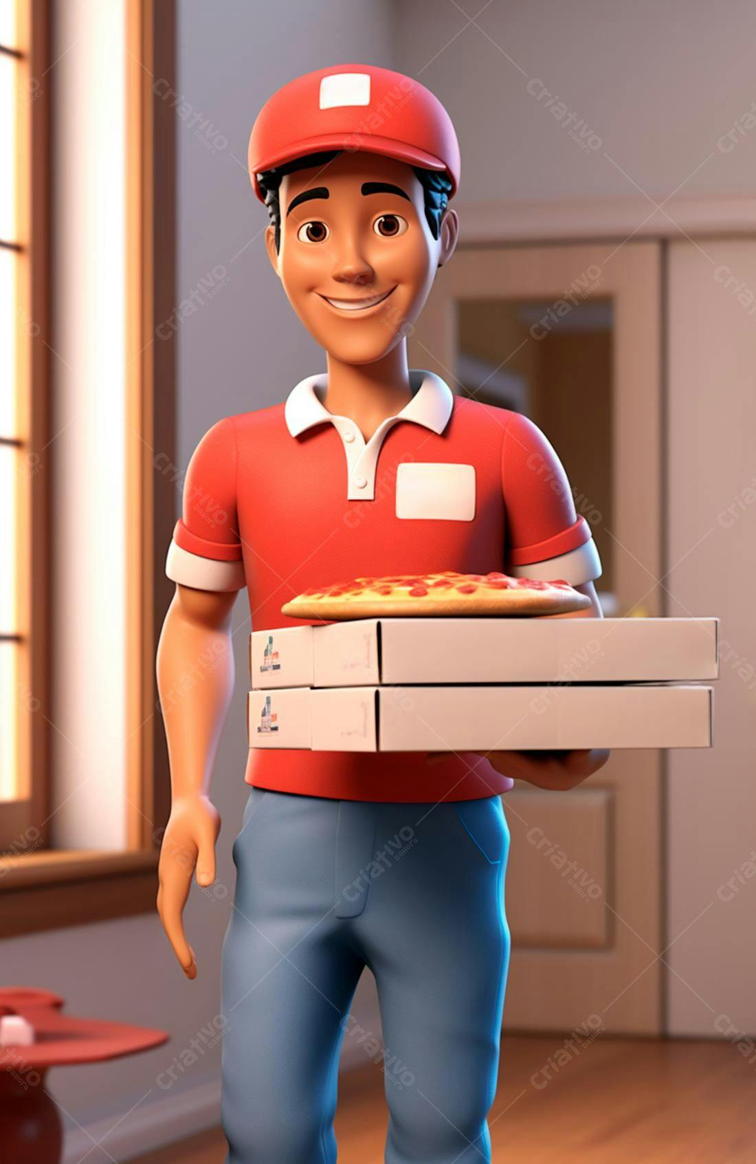 Entregador sorridente com pizzas