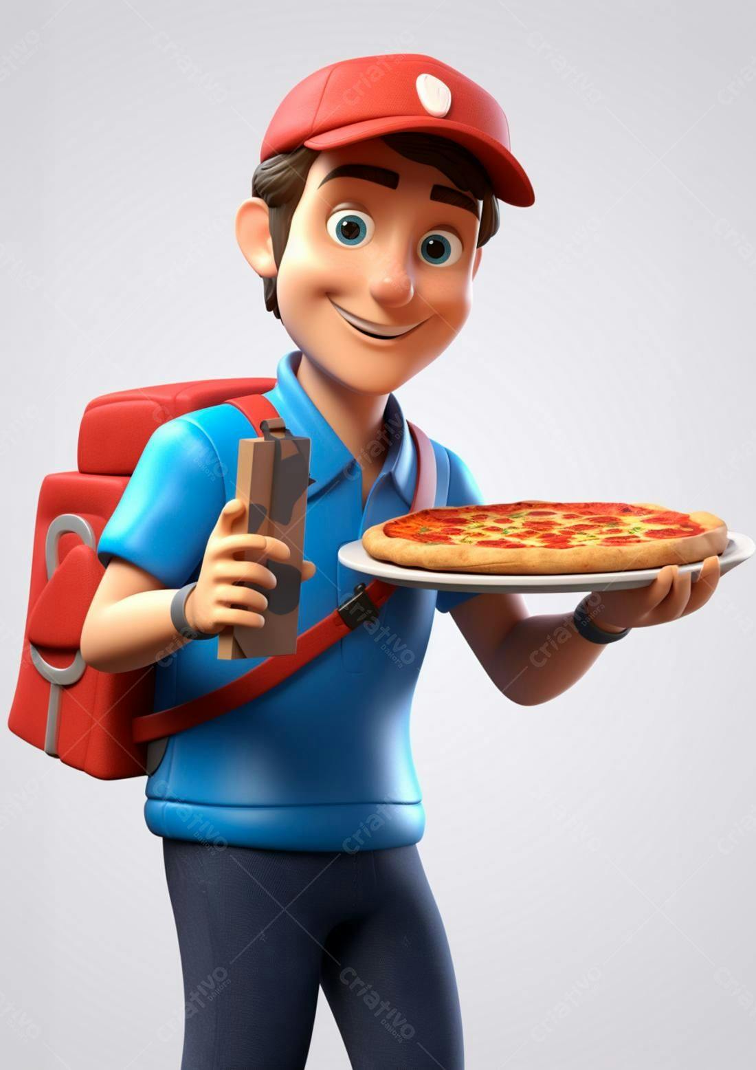 Entregador sorridente com pizza e refrigerante