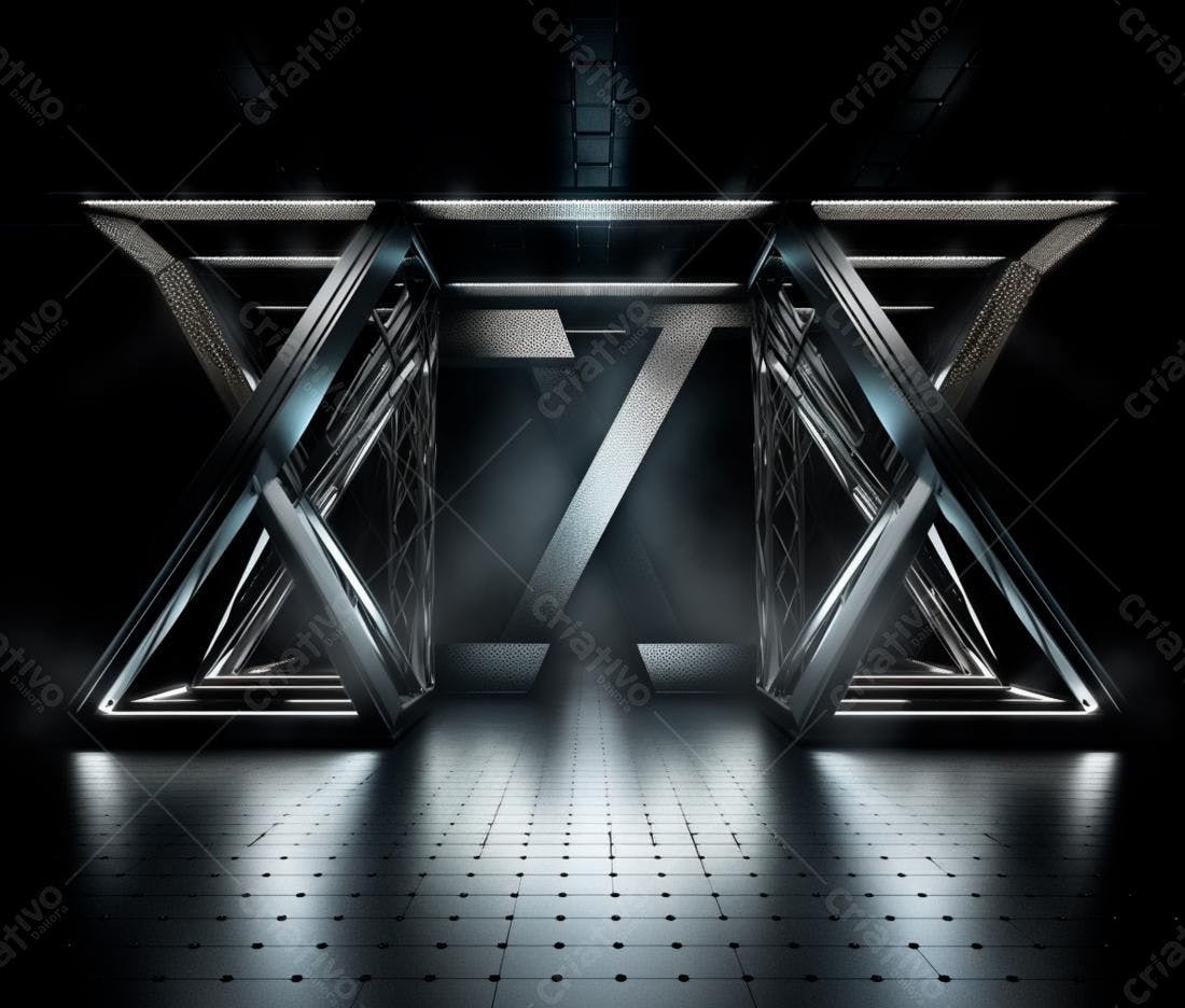 Ambiente futurista com estrutura metálica triangular