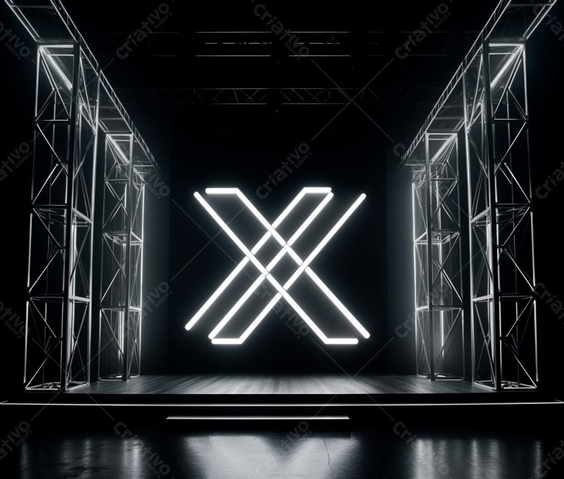 Logo X em néon branco em palco escuro