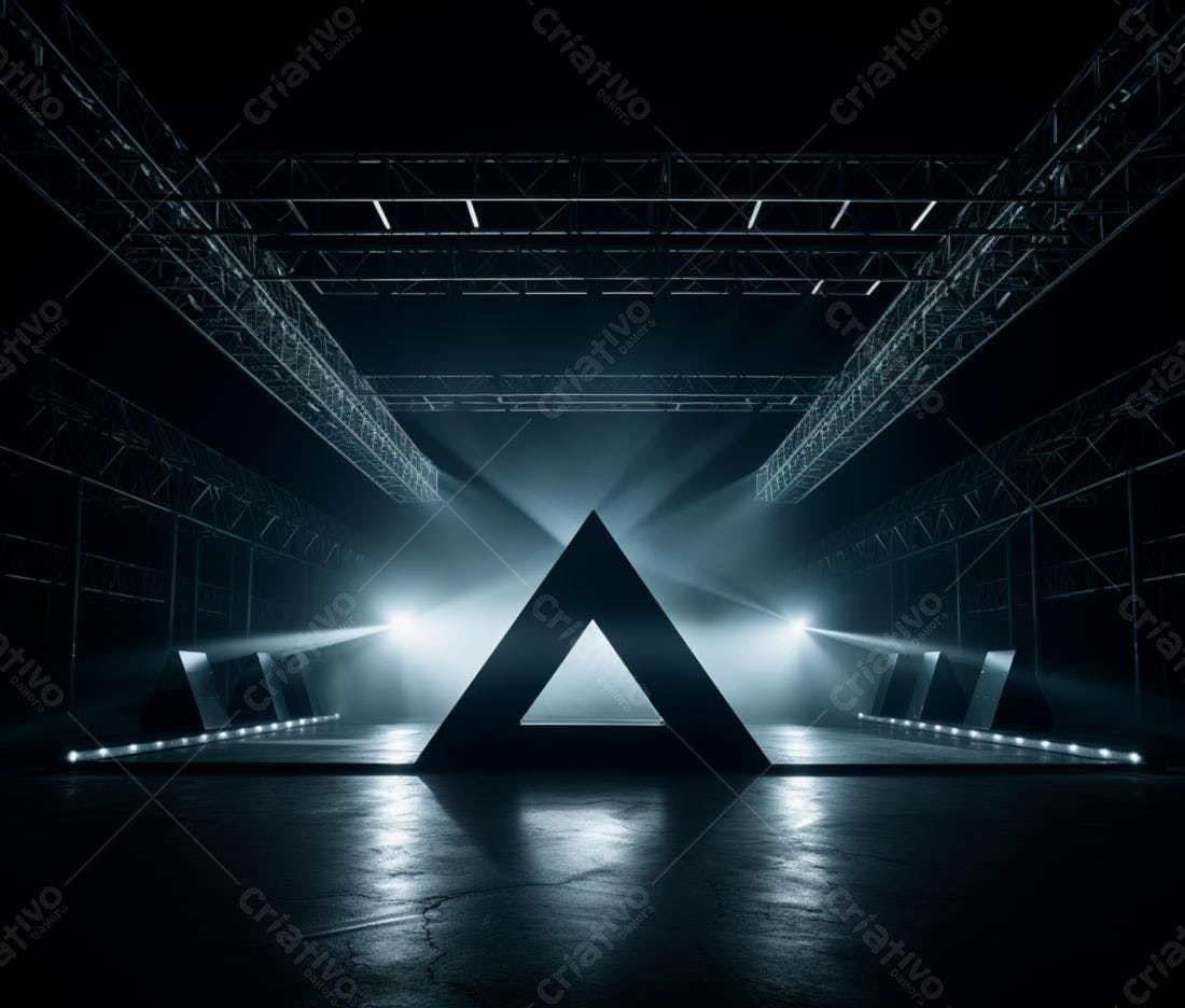 Palco triangular em galpão escuro